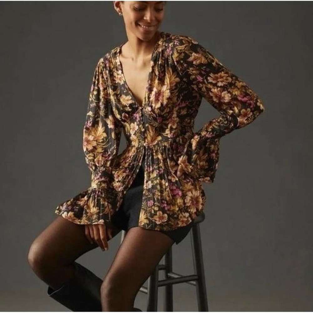 Anthropologie Floral Peplum Blouse Black Gold Pink Flared Sleeve L Whimsigoth